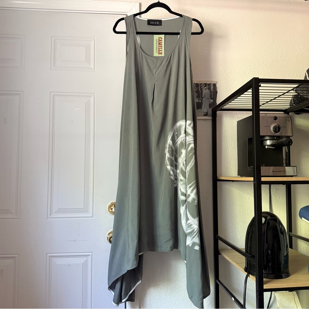 NWT OZAI N KU grey‎ lagenlook rayon linen scoop sleeveless shark bite midi dress